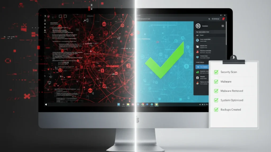 تصویر مفهومی از ریکاوری سایت وردپرس هک شده، گذار از صفحه خطای قرمز به داشبورد امن با تیک سبز